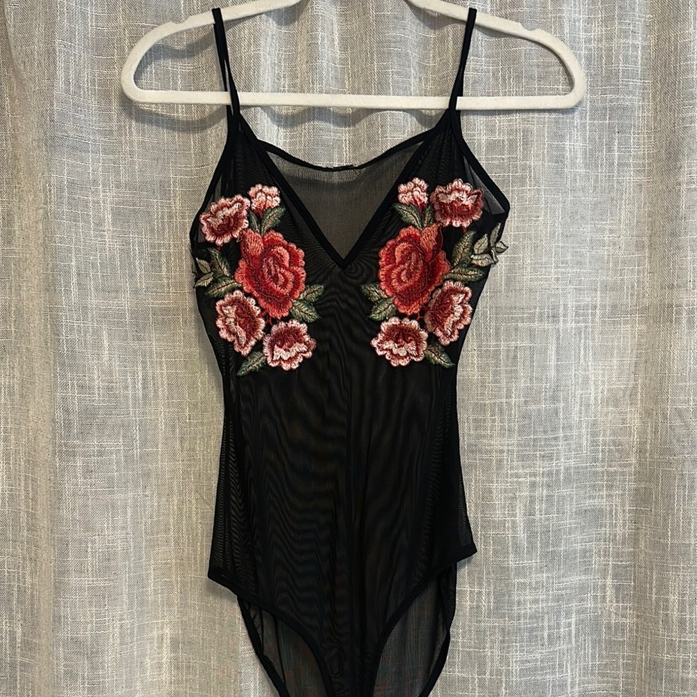 L Black Sheer Bodysuit with Red Floral Embroidery